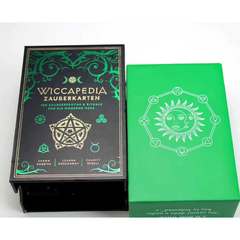 Emballage en papier rigide coulissant avec plateau et estampage en feuille verte pour cartes magiques