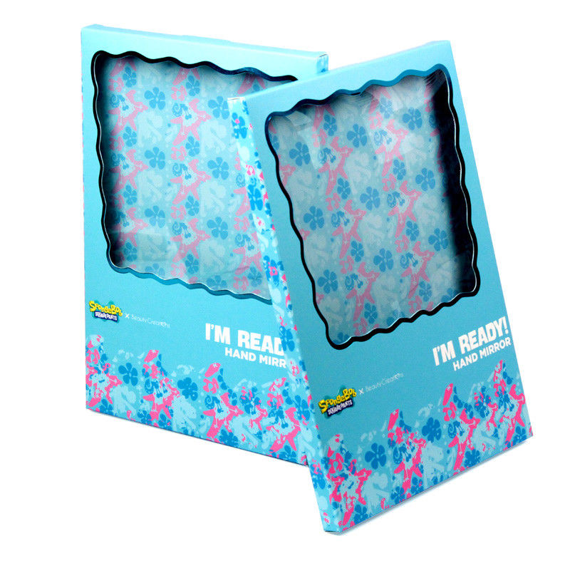 Boîte cadeau en papier bleu personnalisée avec fenêtre transparente pour miroir cosmétique