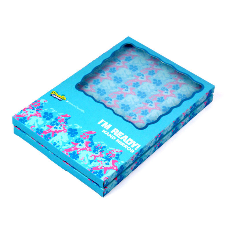 Boîte cadeau en papier bleu personnalisée avec fenêtre transparente pour miroir cosmétique