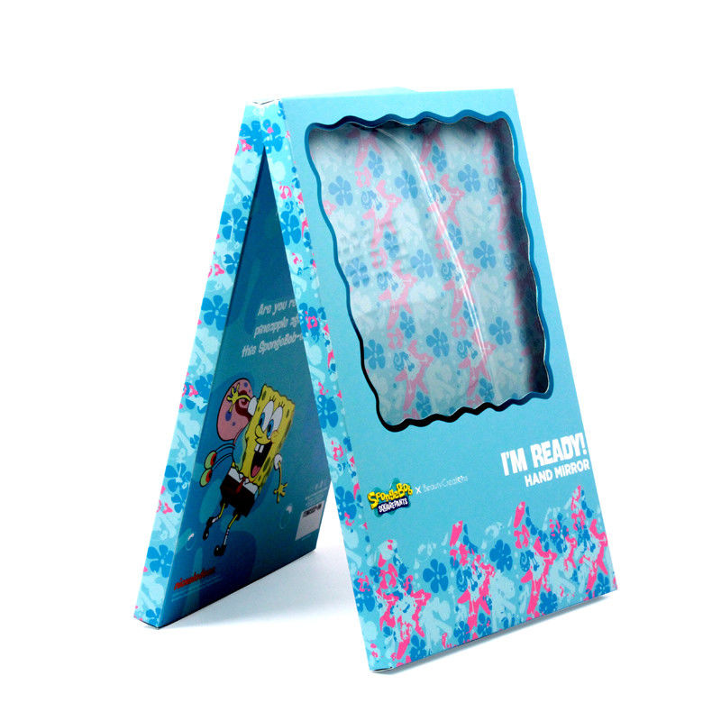 Boîte cadeau en papier bleu personnalisée avec fenêtre transparente pour miroir cosmétique