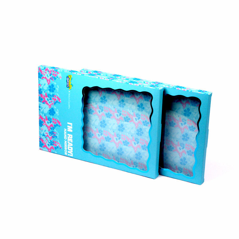 Boîte cadeau en papier bleu personnalisée avec fenêtre transparente pour miroir cosmétique