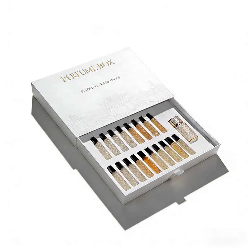 Boîte d'emballage de parfums de style tiroir avec logo personnalisé et matériaux écologiques pour l'emballage des échantillons de parfums de luxe