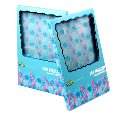 Boîte cadeau en papier bleu personnalisée avec fenêtre transparente pour miroir cosmétique